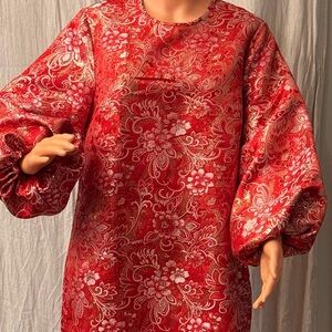 Elegant Red Floral Long Sleeve Dress